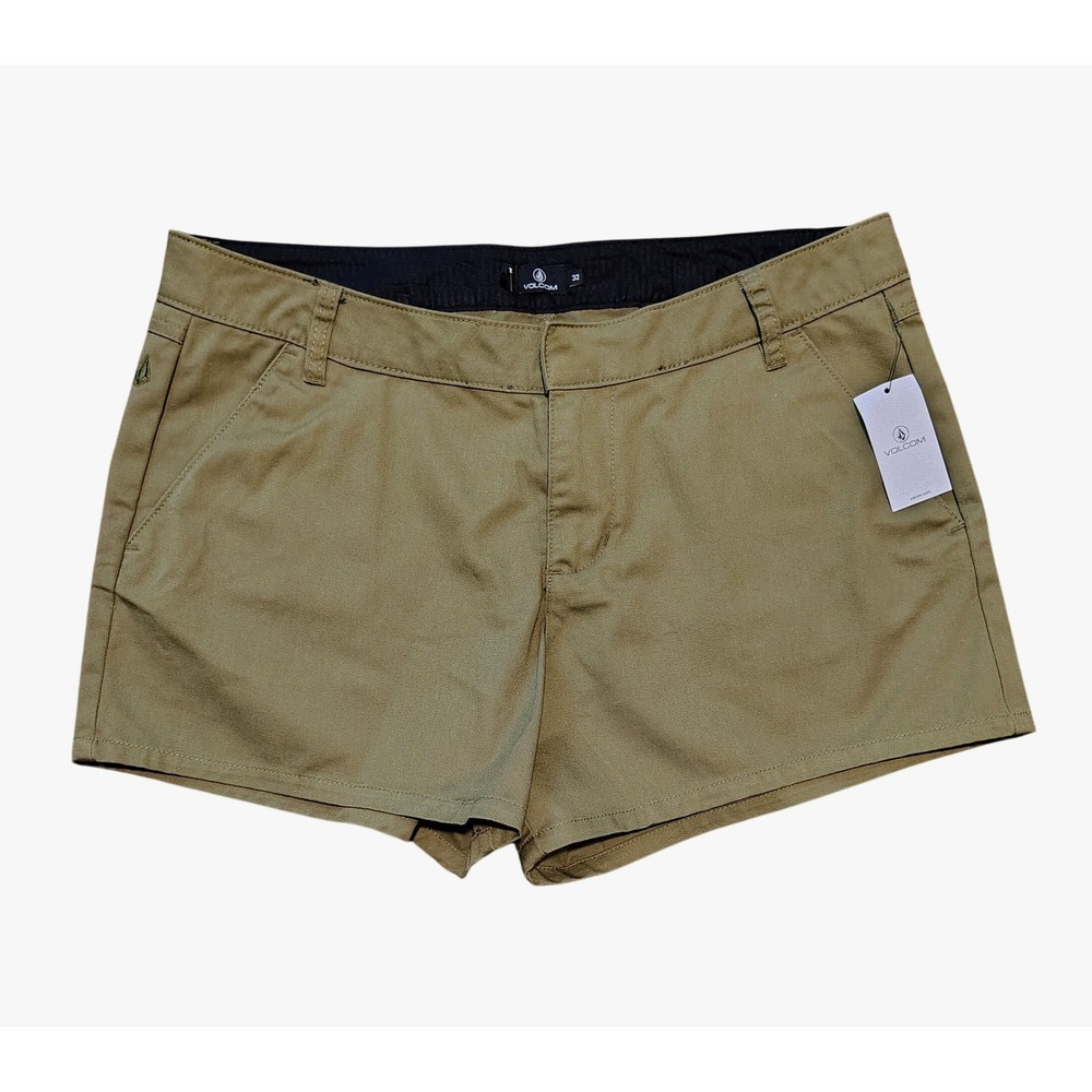 New Volcom Womens True To This Olive Green Mid Rise Skater Shorts Size 32 Cotton